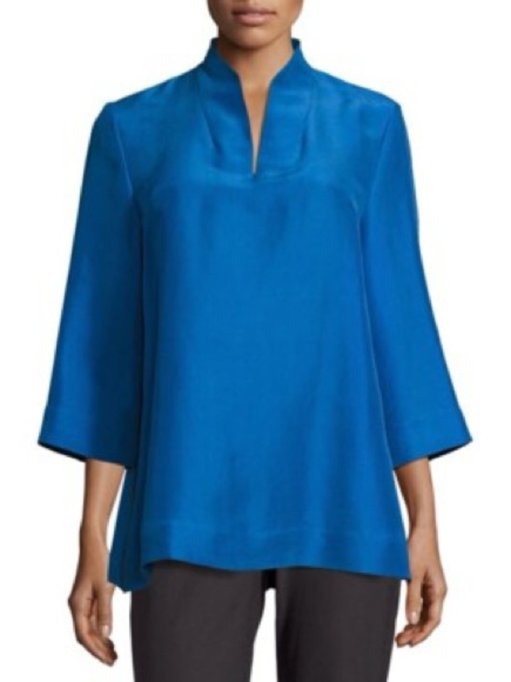 Eileen Fisher Petite Small 100% Silk Dupioni Blue 3/4 Sleeve Tunic Blouse